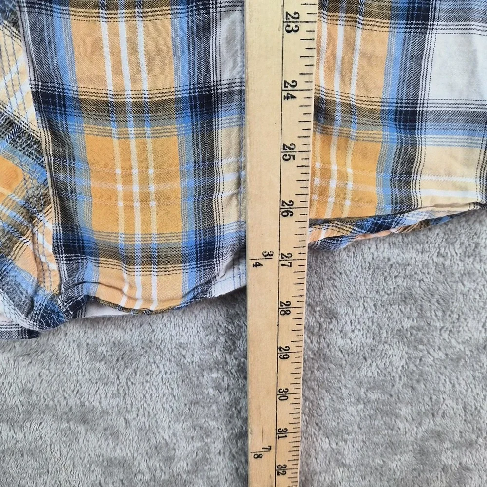 True Religion Rocky Western Shirt Men Large Yellow Blue Plaid Pearl Snap Cotton
